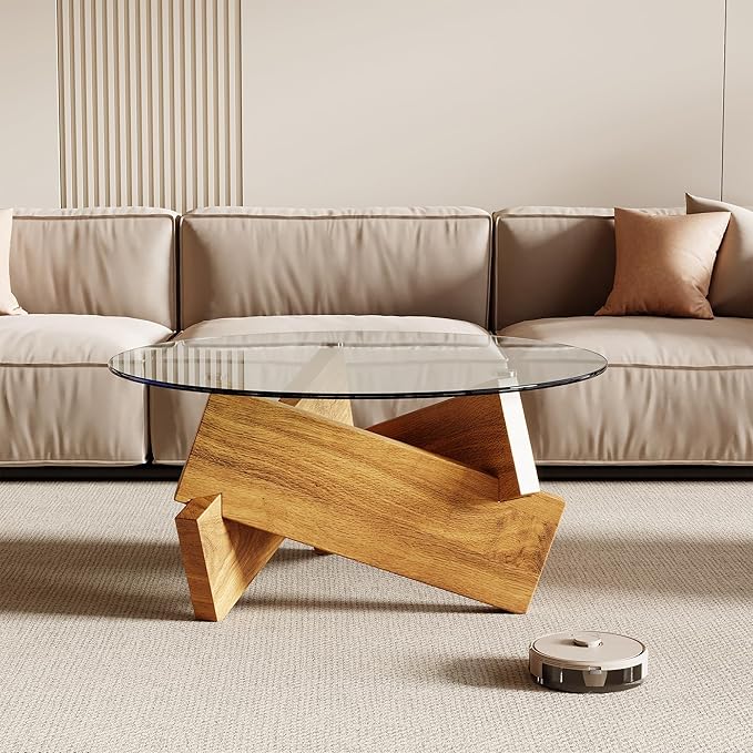 Honyee Modern Round Coffee Table, 30.7" x 30.7" x 16.1" Tempered Glass Top for Living Room, Color: Natural Wood