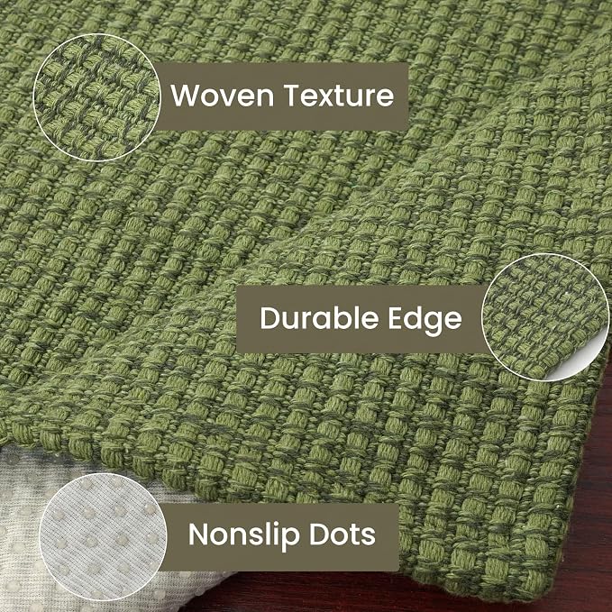 IOHOUZE Washable Runner Rug 2.6x12 Non Slip Rubber Backed Extra Long Hallway Runner Entryway Runner Indoor, Kitchen Rugs Woven Cotton Floor Carpet for Hall Entrance, Olive Green/Earthy Green