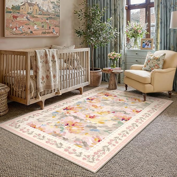 4x6 Washable Area Rug for Entryway Beige Pink Floral Abstract Soft Throw Rug Modern Non Slip Low Pile Carpet for Kitchen Bathroom Living Room Bedroom