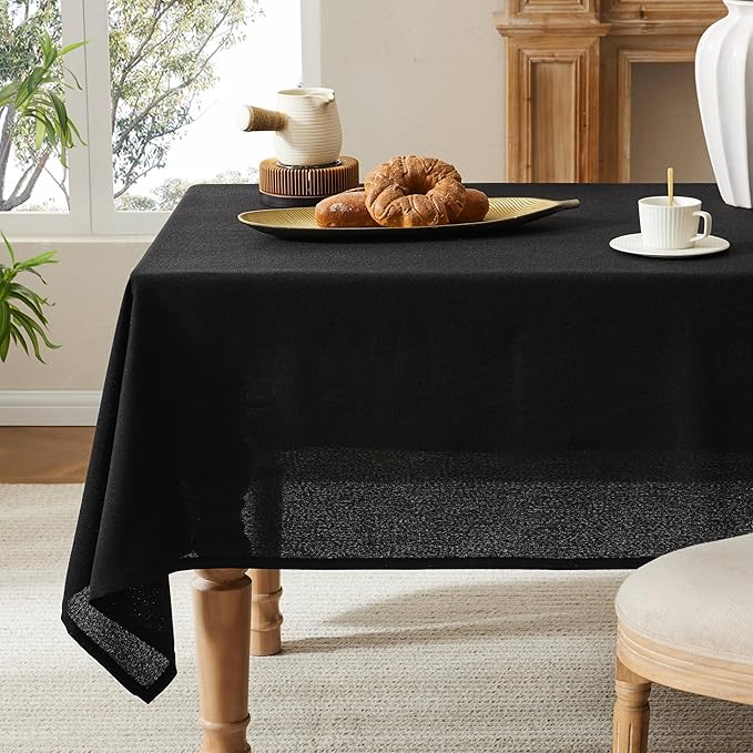 Linen Tablecloth for Rectangle Table, 60x104 Inch Black, Farmhouse Style Black Tablecloth, Water Resistant Burlap Tablecloths for Dining Table Farmhouse Kitchen