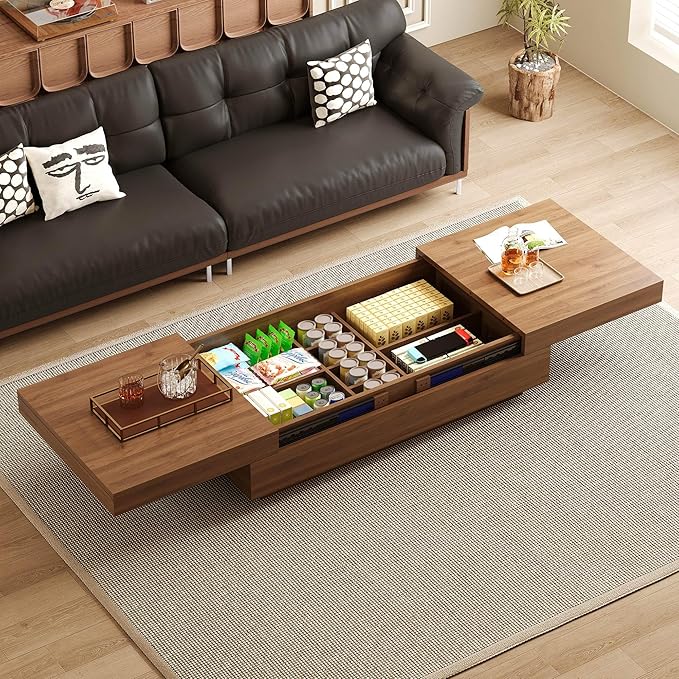 Mid-Century Modern Expandable Coffee Table, 47.2"-81.8" Adjustable Walnut Center Table with Large Hidden Storage for Living Room