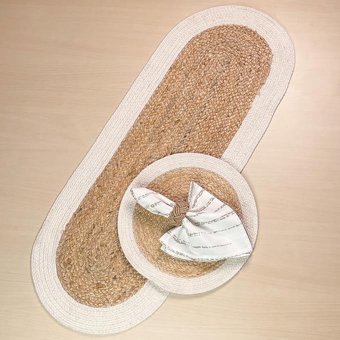 CHARDIN HOME Verona Oval Woven Jute & Cotton Braided Table Runner, Size -13 x 36 Inches, Color - Natural Jute with Ivory Border