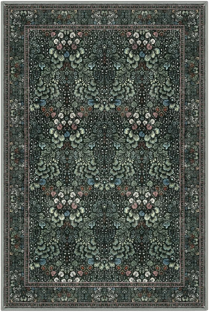 SIILOOM 2x3 Washable Area Rug, Dark Green Soft Rug for Entryway, Non-Slip Indoor Door Mat Boho Low-Pile Kitchen Rugs, Floor Modern Carpet for Entrance Kitchen Bedside Farmhouse