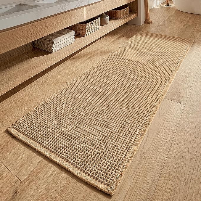 MIULEE Waffle Bathroom Runner Rugs, Super Absorbent Non Slip Bath Rug, Upgraded Soft Quick Dry Washable Boho Long Bath Mat with Tassels for Hallway Laundry Room Bedroom, 2'x6' (24"x72"), Brown