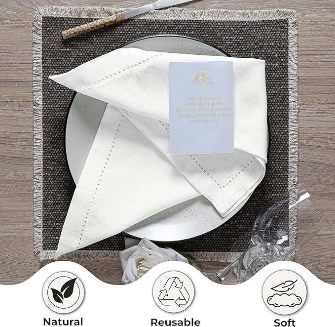 Ramanta Home Decorative Cloth Dinner Napkins Set of 12, 20x20 Inch White Hemstitched Flax Cotton Napkins with Mitered Corners, Oversized Use, Parties, Weddings, Spring, Easter Cloth Napkins