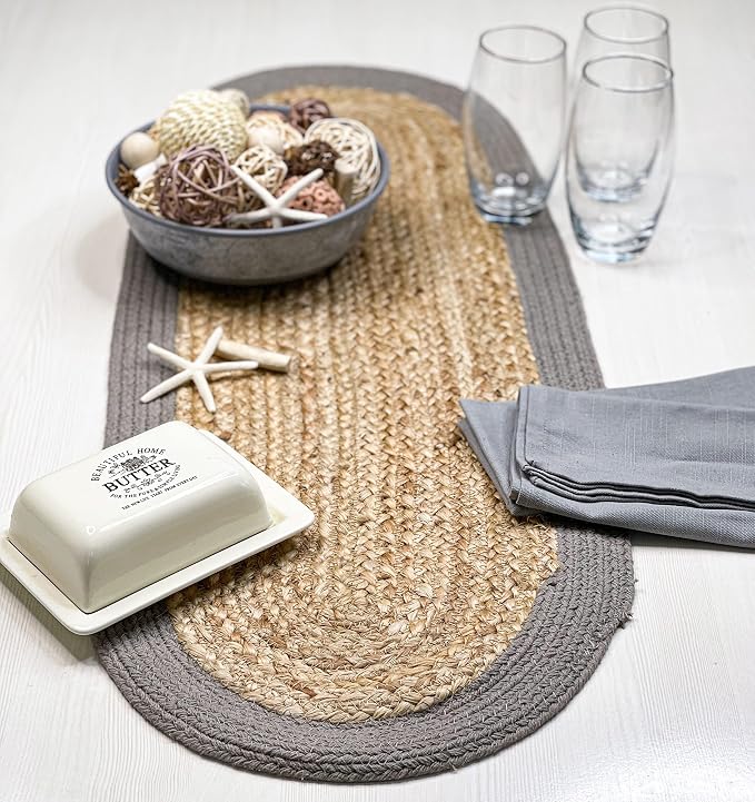 CHARDIN HOME Verona Oval Woven Jute & Cotton Braided Table Runner, Size -13 x 36 Inches, Color - Natural Jute with Grey Border