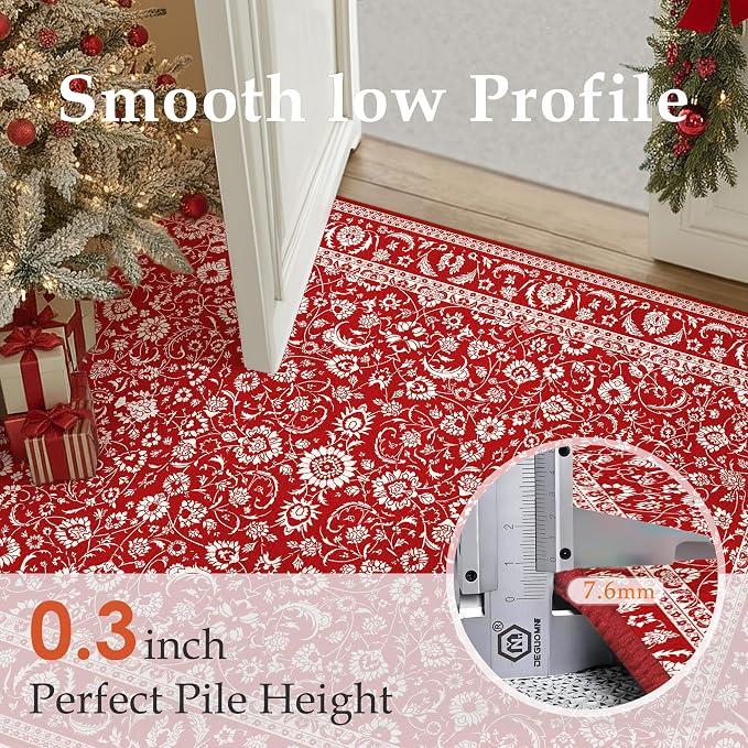 HUGEAR Vintage 6x9 Machine Washable Rugs Red Hallway Large Area Rug Indoor Accent Rug Floral Low Pile Carpet Soft Throw Aesthetic Rug Bedroom Living Room Office Dining Room Kitchen Laundry Room