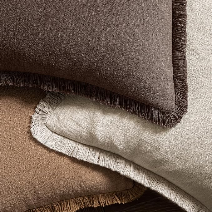 MIULEE Decorative Throw Pillow Covers Neutral Linen Fringe Throw Pillows Set of 2 Reddish Brown Boho Farmhouse Cushion Covers with Tassels for Couch Sofa Bed Living Room Spring Decor 18x18 Inch