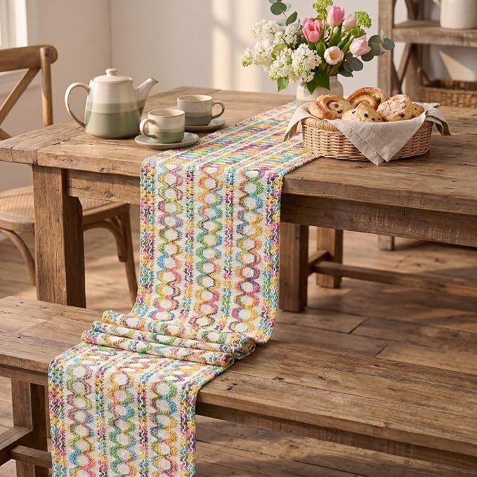 Artoid Mode Colorful Farmhouse Woven Rustic Hollow Spring Table Runner, Seasonal Summer Pride Month Holiday Kitchen Dining Table Decoration for Home Party Decor 12x36 Inch