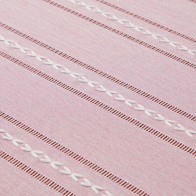 ZeeMart Hemstitched Embroidery Striped Boho Tablecloth 60x104 Inch Pink, Heavy Weight Farmhouse Burlap Linen Pink Tablecloth, Wrinkle Resistant Washable Table Cloth for Rectangle Table