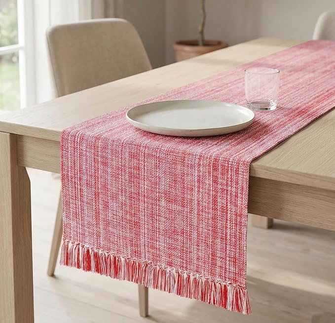 PurpleEssences Chambray Table Runner with Fringes - 100% Cotton, 13x72 Inch - Rustic Farmhouse Table Décor, Reusable, Machine Washable for Dining Tables - Spring Easter Summer - Red & H.White