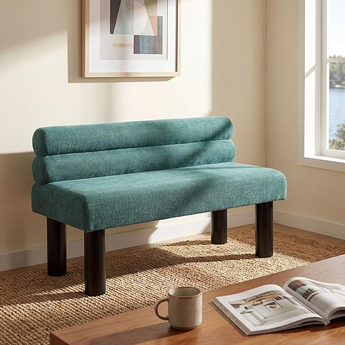 Christopher Knight Home Wally Fabric Upholstered Dining Bench, Long Dining Room Chair, Wooden Entryway Bench, Bedroom End of Bed Bench, Teal Green+Black