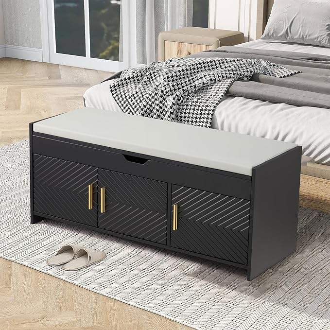 ECOTOUGE Shoe Bench, Storage Bench with Lift Top Storage, Entryway Bench with Cushioned Seat, Adjustable Shelf for Living Room, Bedroom, Hallway, Black
