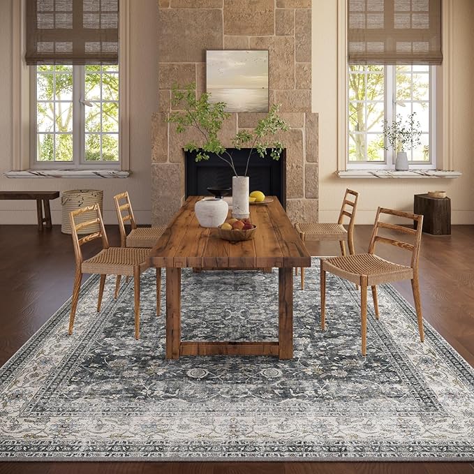 Machine Washable Rugs for Living Room: 6x9 Bedroom Rug Vintage Boho Area Rug Stain Resistant Non Slip Low Pile Lightweight Soft Carpets for Living Room Dining Room Kitchen Nursery Kids Room Farmhouse
