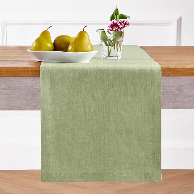 Solino Home Linen Table Runner 120 Inches Long - Athena, 100% Pure Linen Chambray Olive Table Runner 14 x 120 Inch for Dining, Summer