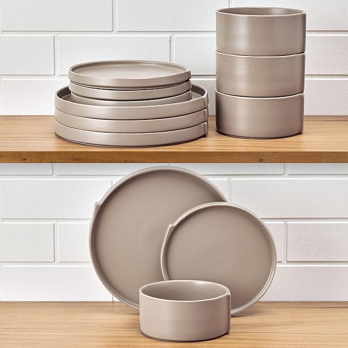Pfaltzgraff Contemporary Edge 12 Piece Stoneware Dinnerware Set, Service for 4, Plate and Bowls with High Rims for Everyday use, Taupe