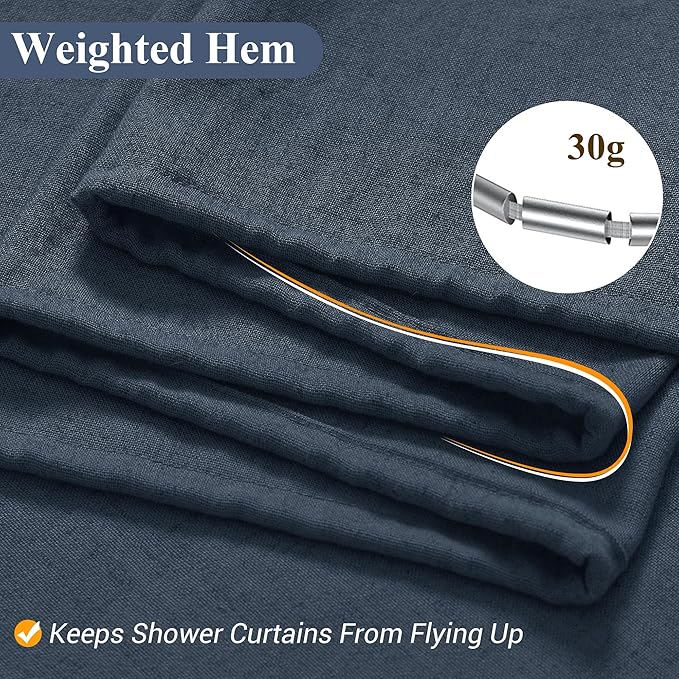Naturoom Denim Blue 42 Inch Shower Curtain - Stall Narrow Half Linen Ultra Thick Fabric Shower Curtain Set with Hooks, Boho Farmhouse Rustic RV Camper Bath Curtains for Bathroom, 42x72