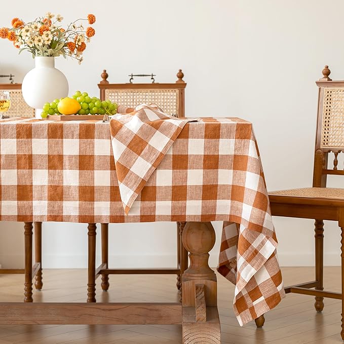 Linen World Gingham Tablecloth – Buffalo Plaid Linen Tablecloth 120" x 60" Inch,100% French Flax Table Cloth for Dining Table,Weddings,Thanksgiving & Christmas Decor,Rust Checkered