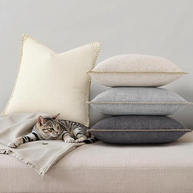 decorUhome Summer Decorative Throw Pillow Covers 22x22 Set of 2 Faux Linen Farmhouse Euro Sham Pillow Covers with Stitched Edge Outdoor Neutral Pillow Covers for Couch Sofa Living Room, Dark Grey
