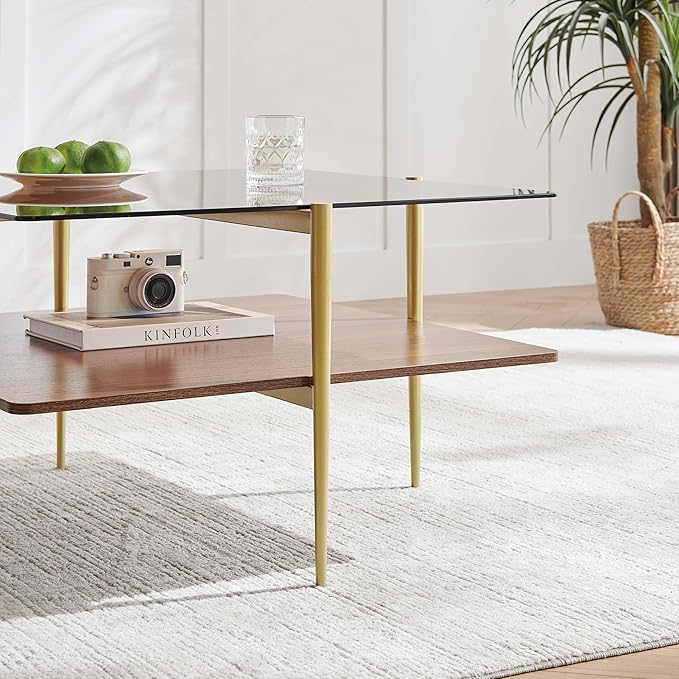 LumFurn Square Coffee Table, Mid-Century Modern Design, L30 x W30 x H17 Inch, for Living Room, 2-Tier Structure, Amber Glass Top and Walnut Wood Shelf, Sleek Conical Metal Legs with Gold Finish