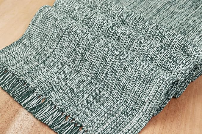 PurpleEssences Chambray Table Runner with Fringes - 100% Cotton, 13x72 Inch - Rustic Farmhouse Table Décor, Reusable, Machine Washable for Dining Tables - Spring Easter Summer - Forest Green & H.White