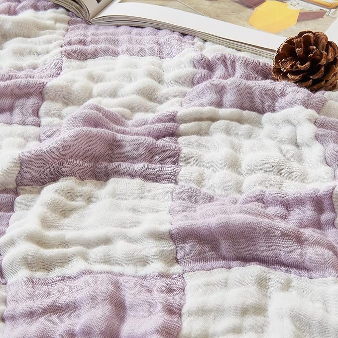 EMME Cooling Muslin Twin XL Blanket - Checkered Lightweight Summer Cotton Blankets of Rayon Derived from Bamboo for Hot Sleepers, Soft Breathable All Season Gauze