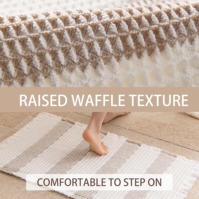 Waffle Bath Mat Non Slip, Boho Bathroom Rug, Super Absorbent Quick Dry Bathroom Mat, Soft Farmhouse Bath Rug with Tassels, Small Washable Shower Mats for Floor 16"x24", White and Taupe