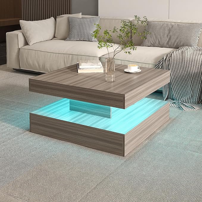 HedoAjim LED Coffee Table for Living Room, Living Room Table 2-Tier Square Middle Center Table, Modern Coffee Tables with Storage, Contemporary Wood Tea Tables for Dining Reception, Grey Wood