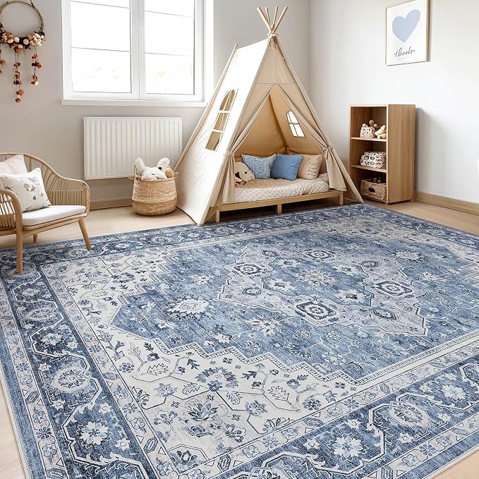 8x10 Area Rugs Living Room: Washable Boho Large Neutral Vintage Soft Rug Stain Resistant Farmhouse Non-Slip Indoor Floor Retro Carpet for Bedroom Nursery Kids Office Dining Room- Blue Gray