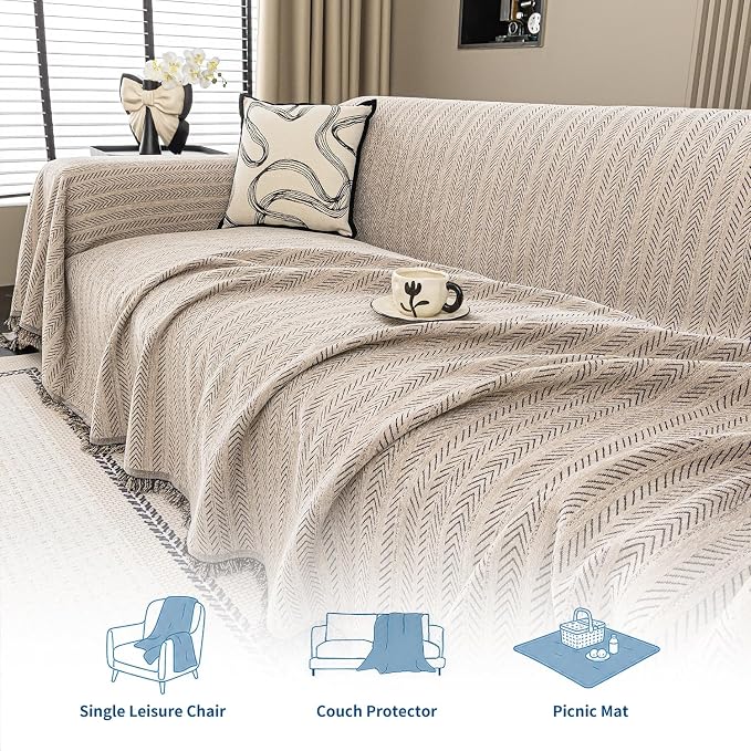Chenille Couch Cover for Sofa Non Slip Cover Washable Pet Scratch Couch Covers Tassel Sofa Slipcover for 3 Cushion Couch Furniture Protector Blanket for Living Room,Camel Brown 71"x150"