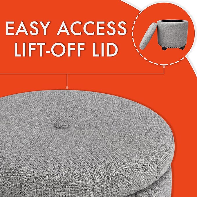 Homepop Home Decor | Upholstered Round Storage Ottoman with Nailheads| Ottoman with Storage for Living Room & Bedroom, Grey Woven