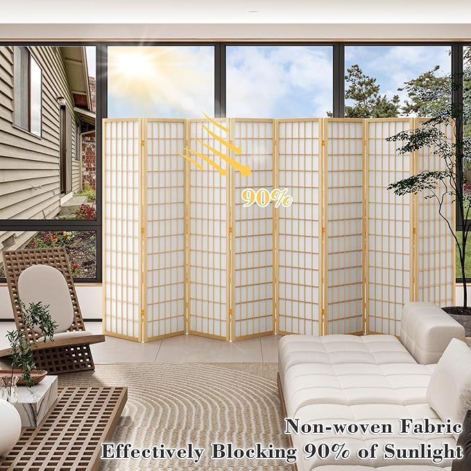 WelFurGeer 8 Panel Room Divider, Folding Privacy Shoji Screens, Room Partitions and Dividers, Decorative Room Dividers, Wall Dividers for Room Separation, Japanese Wood Room Divider for Home (Natural)