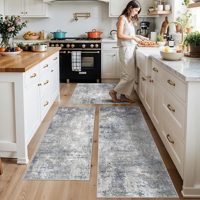 Kitchen Rug Set 3 Piece – Washable Non Slip Runner and Mat Set for Floor Entryway Bathroom Hallway – Soft Low Pile Modern Abstract Neutral Small Rugs (Blue Grey,2x3+2x4+2x5)