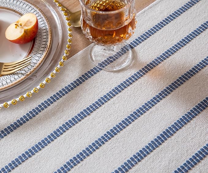 Caflife Boho Table Runner 90 Inchs Long Blue and Beige, Cotton and Linen Woven with Tassels, for Modern Rustic Farmhouse Neutral Table Runners, Bohemian Kitchen Dining Table Home Decor