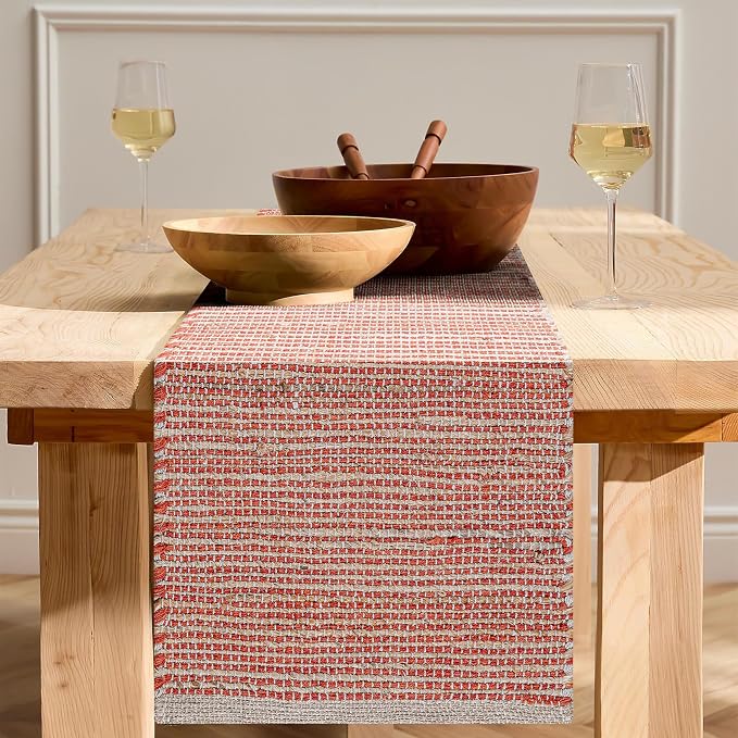 Boho Jute Table Runner for Dining Tables, Rustic Orange Table Runner Farmhouse Style , Cotton and Jute Neutral Colorful Indoor Kitchen Decor, 13 X 36 Inch, - Natural- Orange