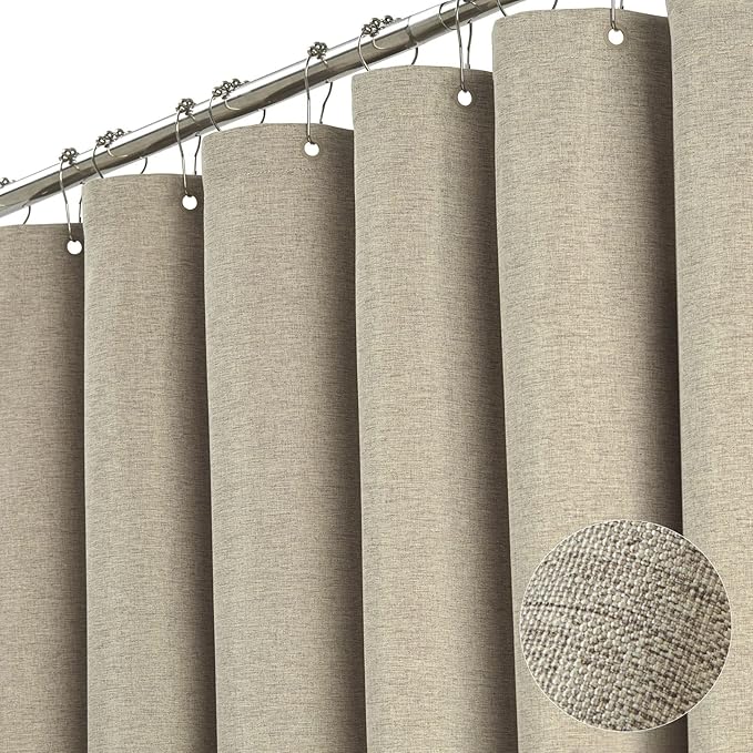 BTTN Stall Fabric Shower Curtain - 54x78 Inch Long Linen Textured Heavy Duty Shower Curtain Set with 10 Plastic Hooks, Narrow Hotel Spa Luxury Weighted Thick Curtains for Bathroom Showers - Khaki/Tan