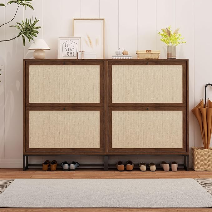 Flip Drawer Shoe Storage Cabinet for Entryway, 25.6" W Freestanding Shoe Rack Organizer with Metal Base, Hidden Narrow Shoe Cabinet for Small Space (Walnut, 2-Drawer-No Divider)