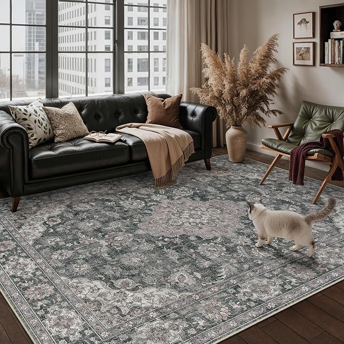 HUGEAR Retro Black Area Rug 6x9 Machine Washable Living Room Rugs Distressed Vintage Floral Low Pile Carpet Bedroom Office Dining Room Laundry Room Non Slip Soft Lightweight