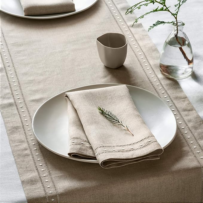 Linen Napkins Set of 4-100% Flax Linen Natural Dinner Napkins with Embroidered Dot 18 x 18 inch - Hemstitch Cloth Napkins Washable for Valentines Day, Winter and Spring Decor