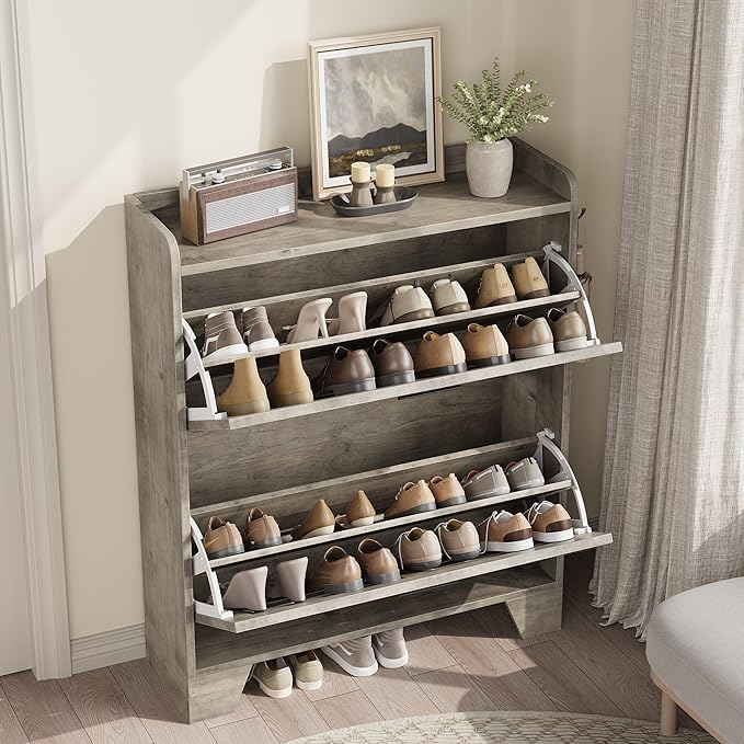 Garvee Shoe Storage Cabinet with 2 Flip Drawers, Freestanding Shoe Organizer Storage for Entryway with 2 Side Hooks, Farmhouse Hidden Slim Narrow Shoe Rack Cabinet, Gray