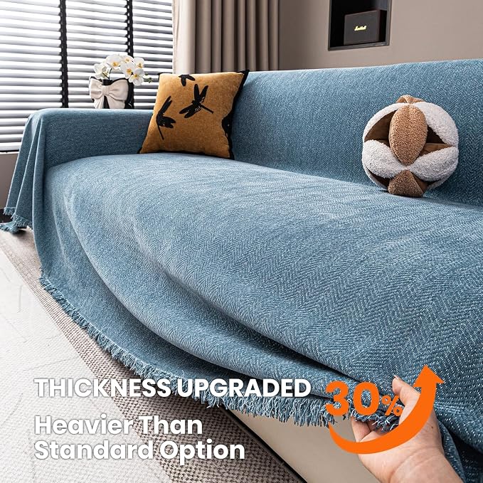 Chenille Couch Cover for Sofa Non Slip Cover Washable Pet Scratch Couch Covers Tassel Sofa Slipcover for 3 Cushion Couch Furniture Protector Blanket for Living Room,Stone Blue 91"x134"