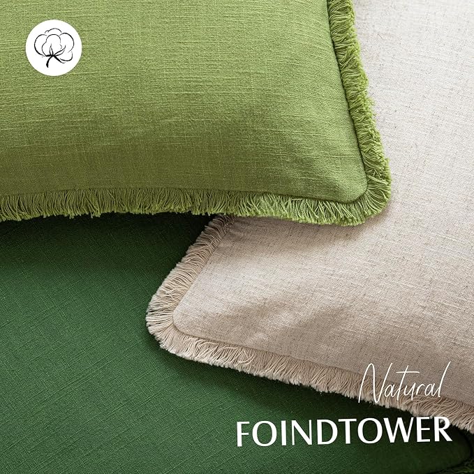 Foindtower Set of 2 Decorative Linen Fringe Throw Pillow Covers Cozy Boho Farmhouse Cushion Cover with Tassels Soft Accent Pillowcase for Couch Sofa Bed Living Room Home Decor,24×24 Inch,Forest Green