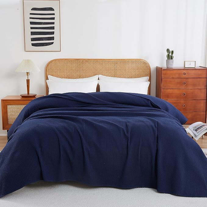 100% Egyptian Cotton Waffle Weave Throw Blanket for Bed Couch Sofa Home Decor, Soft Lightweight Bed & Couch Blanket for All Seasons (Navy Blue - Twin Size - 66 * 90")