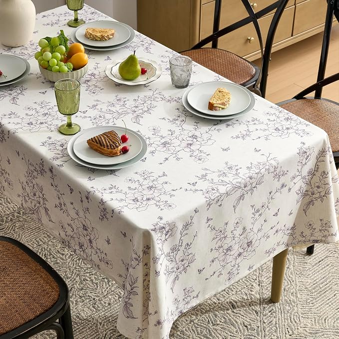 Farmhouse Linen Rectangle Tablecloth Floral Table Cloth with Purple Flowers Pattern Burlap Textured French Rustic Vintage Outdoor Table Cover for Picnic,Dining,Party,Home Decor 55x72 Inch