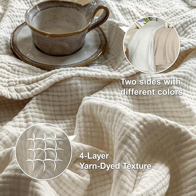 Simple&Opulence 100% Cotton Muslin Blanket, Lightweight Breathable 4 Layering Soft Cotton Throw Blanket,Gauze Blanket for Bed Couch Camping All-Season Use (Beige, 50"x60")