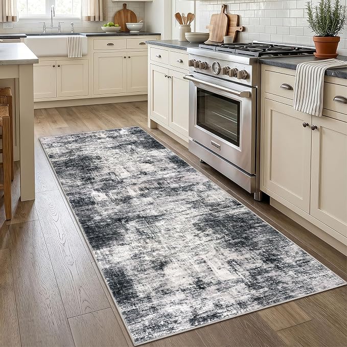 IOHOUZE Abstract Runner Rug 3x7 Ft Washable Runners for Hallways, Non Slip Kitchen Runner Printed Faux Wool Entryway Runner Indoor, Floor Carpet for Hall Kitchen Bedroom, Black Grey