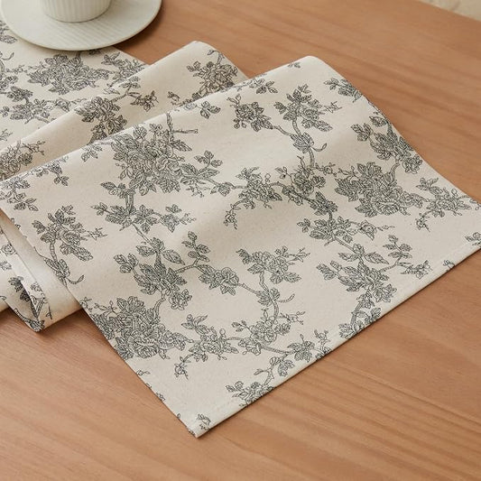 100% Cotton French Pastoral Table Runners, 13x60 Inch Black Farmhouse Table Runners 60 Inches Long, Vintage Flowers Print Home Decors