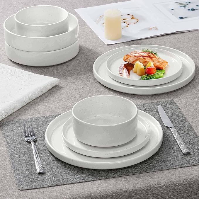 Herogo 24 Piece Dinnerware Sets with Pasta Bowls for 6, Dinner Salad Plates and Cereal Serving Bowls, Stoneware Dishes Dinner Ware for Kitchen Dining, Dishwasher & Microwave Safe, Speckled White