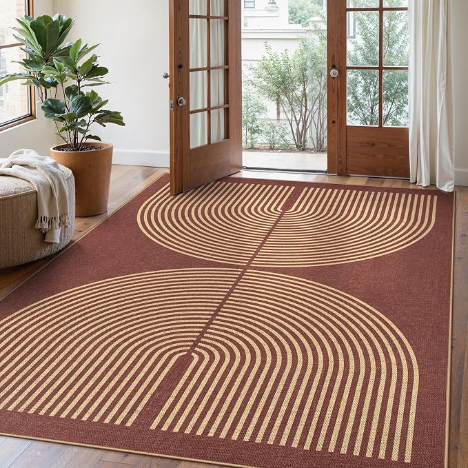 Lahome Enfys Modern Rainbow Easy Jute Outdoor Rug 5x7, Stain Resistant Red Dining Room Patio Rug, Farmhouse Non Slip Non Shedding Indoor Outdoor Carpet for Living Room Office Bedroom Deck Backyard