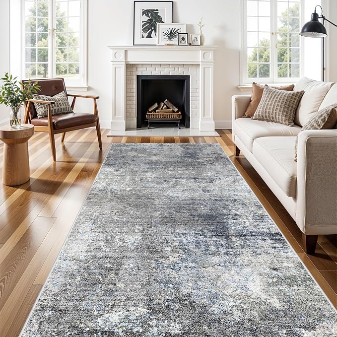4x10 Wide Runner Rug for Hallway, Washable Non Slip Long Kitchen Rug, Soft Low Pile Carpet for Entryway Bedroom, Modern Abstract Area Rug (Blue Grey,4x10)